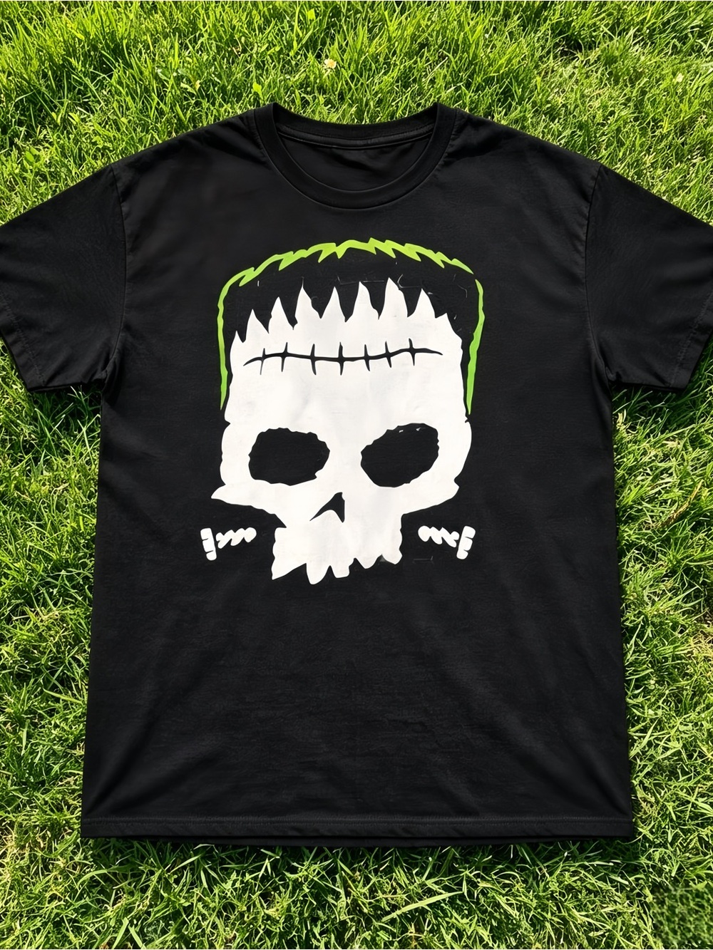 Frankenstein skull pattern black unisex horror T-shirt.